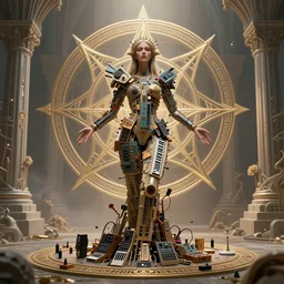 a photo of her a mystical goddess woman covered in modular synthesizer parts surrounded by sacred geometry made from elven architecture, full body, perfect face, powerful, cinematic, beautifully lit, by ross tran, by karol bak, 3 d, octane render, 8 k