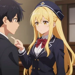 blonde anime girl with long hair, wearing headmistress uniform, talking with snooty aloof anime man with emo hair, sharp details, subsurface scattering, intricate details, art by artgerm, anime, anime hd wallpaper, 2 0 1 9 anime screenshot