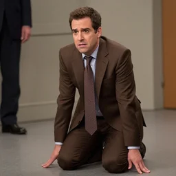 Andy Richter wearing a brown suit and necktie on his knees with a pleading look on his face.