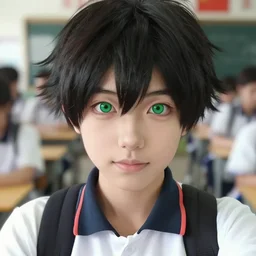 a selfie taken by a chinese boy at school, looks like iziku midoriya!, big bright green eyes!, sharp focus, depth of field, ultra realistic, highly detailed, charming, beautiful, amazing, centered