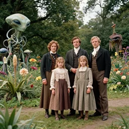 sharp, highly detailed, 16384k film, 12000mm film still from a sci fi blockbuster color movie made in 2019, set in 1860, of a family standing in a park, next to some strange alien plants and flowers, on an alien planet, the family are all wearing 1860s era clothes, good lighting, good photography, in focus, 35mm macro lens
