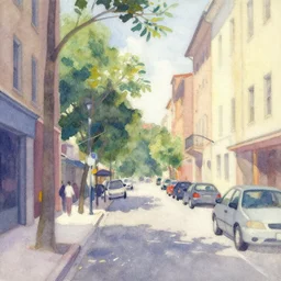 big city steet on a hot summer day, watercolor painting, morandi color palette, very beautiful masterpiece by a very talented artist, stunning
