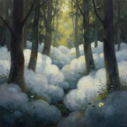 smooth blooming cloud forest. gouache painting by the award - winning concept artist, bloom, chiaroscuro, backlighting, depth of field.