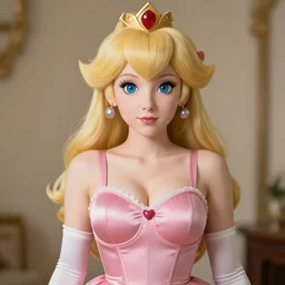 photorealistic princess peach portrait, tight push up bra, large bust
