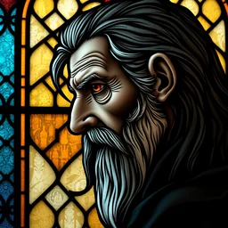 gothic stained glass window, detailed side - view portrait of an old witcher, amber eyes, long dark grey hair, mustache, detailed and masterful, backlit