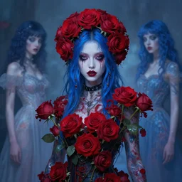 a beautiful rebellious girl made of red roses and blue rosa hybrida, punk rock, ethereal horror fantasy art by greg rutkowski and magali villanueve and monet, concept art, smooth, cinematic lighting, 8 k resolution