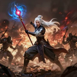 dragon age character wynne, 5 0 years old woman ash white long hair tied bun, holding long staff red orb, casting blue magic, battle mage, yelling, background full of war silhouettes, fighting darkspawn, full body, epic, d and d, cinematic, dynamic lighting, concept art, rich color, bioware, by greg rutkowski