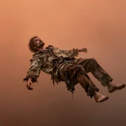 starving man floating, wearing rags, foggy orange background, trending on artstation, incredibly detailed, personal, horror