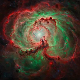 an abstract oil painting of a beautiful space nebula, red and green; hyper-detailed; an extraordinary masterpiece!!!; flawless; trending on artstation