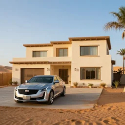 hyper realistic, high detail photo of desert house with cadillac in the driveway, beautiful, happy lighting