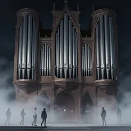 illustration of close - up street view of gothic pipe organ, night, smoke, ground fog, by peter mohrbacher, by alex andreev, by jacek yerka, large depth of field, super detailed, digital art, trending on artstation, minimalism