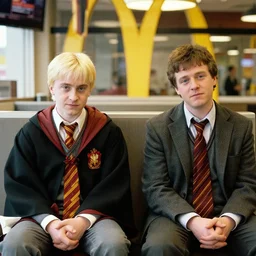 Two different people sitting at a booth in McDonalds, one of the people is Draco Malfoy, the other character is Eddie Munson, McDonalds interior background, photo