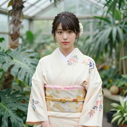 photograph of a young Japanese woman wearing a pretty kimono in a tropical greenhouse, by Annie Leibowiz, extremely detailed, 4K, 85mm lens, photorealistic