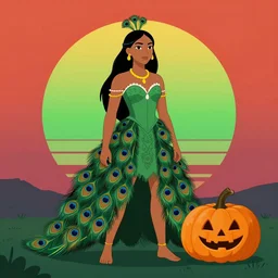 pocahontas dressed with peacock clothes, black hair, green sunset, howl and pumpkin next to main character, vibrant palette, trending on artstation