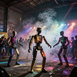 flash photography of life animatronic mannequins at a secret underground rave dance party in a warehouse by annie leibovitz, fog machines, colorful, light effects!!, nighttime!!,