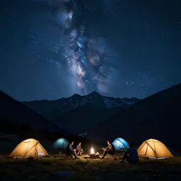 a very high resolution image from a new movie. nightsky with an half noon in the mountains while people are camping. 2 4 mm, photorealistic, photography, directed by wes anderson