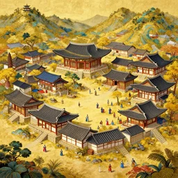 artstation concept of an ancient korean village, bright colorful, gold, hyperdetailed, artstation trending, world renowned artists, worth1000.com, historic artworks society, antique renewel, cgsociety, by greg rutkowski, by Gustave Dore, Deviantart