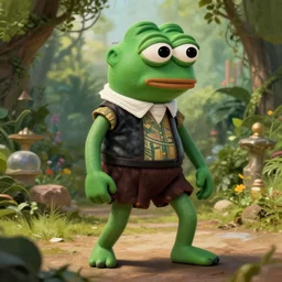 pepe meme, dynamic brush strokes, linear gamma, dynamic, natural light, costume design made by pepe, sophisticated composition, old masters light composition, procedural, epic pepe posing conceptart, pepe paradise garden behind, substancedesigner, pbr, ultra detailed, hyperrealistic, megascans, volumetric light, concept master, painttoolsai, final, gain
