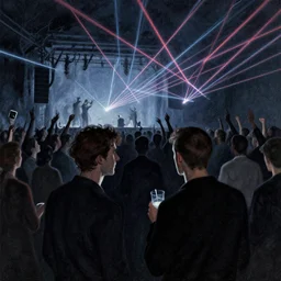 two friends partying at a concert in a crowd and lasers, in the style of beksinski, parts by edward hopper