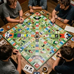 birds eye view, hard surface 1 8 0 0 s french town board game, goro fujita and simon stalenhag and wes anderson and alex andreev and chiho aoshima and beeple and banksy and kandinsky and magritte and basquiat and picasso, 8 k, trending on artstation, hyper detailed, cinematic