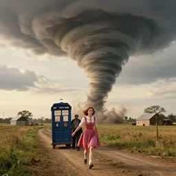 photo realistic panoramic film still of dorothy home being taken away by a massive tornado, in the art style of dr. who, highly detailed, wizard of oz kansas farm environment, early morning, vivid color, 8 k
