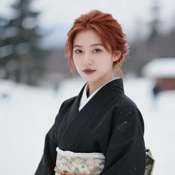 portrait photograph of an elegant ginger Asian woman wearing a black kimono in the Arctic. super resolution. 85 mm f1.8 lens.bokeh.graflex. Alessio albi