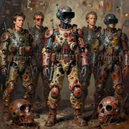 junky soldier, full body shot, cybertronic gadgets and vr helmet, flesh + technology, durty colours, long shot, rotten textures, rusty shapes, biotechnology, norman rockwell, tim hildebrandt, dariusz zawadzki, bruce pennington, larry elmore, hyperrealistic oil painting on wood, deep depth field, masterpiece, cinematic composition, hyper - detailed, hd, hdr