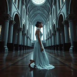 a young woman in an empty cathedral, sideways, on her knees, wearing a white dress, sideway, sharp focus, high contrasts, wide angle, establishing shot, fantasy, digital art by eddie mendoza and greg rutkowski, in the style of disco elysium, trending on artstation