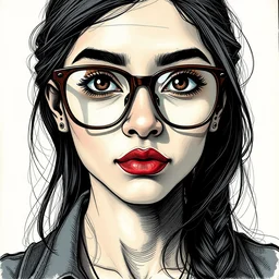 a nerdy young woman from hyderabad with big glasses, head and shoulders character portrait, ink, mixed media, srgb, highly detailed concept art by tim bradstreet