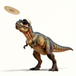 a tyrannosaurus in backwards cap and sunglasses catches a frisbee, art by lisa frank