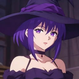 Beautiful anime girl as a evil witch with purple short hair , artstation , 4K , Highly detailed , high quality , drawn by Yusuke Murata