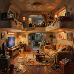 a small messy futuristic apartment interior in the style of blade runner, painting by norman rockwell, warm moody lighting, wide angle lens, low level view, trending on artstation, unreal engine, 8k,