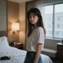 young japanese girl in a hotel room, 8 k hd instagram photo at behance, epic cinematic movie shot, 1 9 9 0 s. adobe lightroom, photoshop