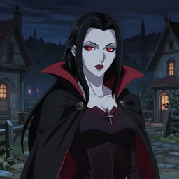 a portrait of a very beautiful vampire woman with black hair and pale skin, red eyes, wearing a black and red cloak, nightime village background, anime key visual, dramatic lighting, 4k resolution, illustration, concept art, lois van baarle, ilya kuvshinov, rossdraws, artstation