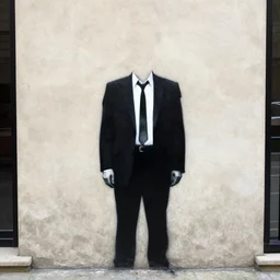 a detailed abstract banksy street art painting of a man in a suit with no head
