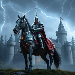 knight crusader mounted in a horser, standing in frontal of a castle, castle realistic, armor of lightnings and helmet effect electricity hyperrealism, big forest world fantasy hyperrealism, sky lightnings artstation realistic, hyperrealism