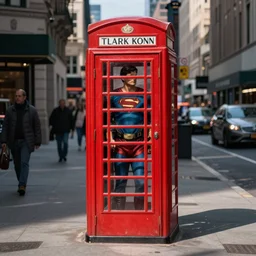 clark kent, phone booth, streets of new york, realistic photo
