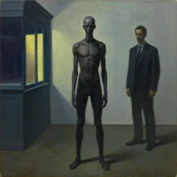 slenderman, human subjugation, mind control, dystopian, pj crook, edward hopper, oil on canvas