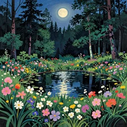 ( ( ( zdzislaw beksinski ) ) ), a pond in the forest, moonlight, flower garden summer morning, very coherent and colorful high contrast art by simon stalenhag james gilleard floralpunk screen printing woodblock, dark shadows, pastel color, hard lighting