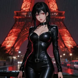 beautiful seductive female in black leather skin tight clothes, in the rain in paris, highly detailed, painting, dark red and black color palette, intricate, high quality, anime artstyle, in the style of sana takeda