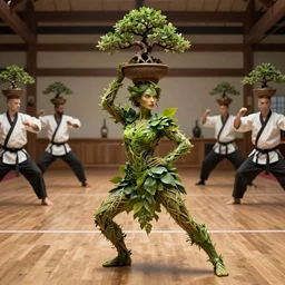 martial artist dryad, woman made of plants, holding flowerpot on head, bonsai tree on head, martial arts dojo in background, fantasy character portrait full body concept art, intricate details, by greg rutkowski, ilya kuvshinov, gaston bussiere, craig mullins, simon bisley