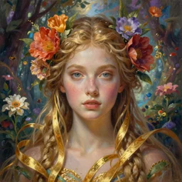 breathtaking detailed soft painting of a fairy princess with golden ribbons in an enchanted forest, art nouveau vibrant flowers floating around in a tumultuous sky, detailed symmetrical facial features, hyper detailed, volumetric lighting, concept art, matte, sharp focus, art by celestialfang, matchach, dustin panzino