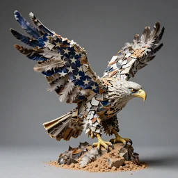 pieces of a ripped flag!!!, chicken feathers and saw dust molten and restructured into a beautiful!!!, abstract!!! sculpture of an eagle, high contrast, award winning photo, dslr, high quality