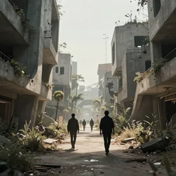 post apocalyptic theme park park, human silhouettes walking, morning, avenue, modern contemporary urban americana concrete architecture, by pascal blanche, neil blevins, apocalyptic color palette, trending on artstation, photorealistic, wilderness ambiance, ultra detailed, high definition, depth of field, bokeh, rubble, wild vegetation, building crumbling,