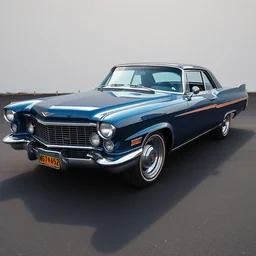 a deep blue glossy cadillac 1 9 5 7 coupe, textured with an airbrushed custom paintjob, retro 7 0 ties, long shot, daylight, nikon photography