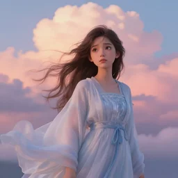 waterfall inspired costume design. flowing robes. dreamland wonderland haughty stubborn friendly moody shy modest princess character portrait. close - up key visual. turbulent wind, eyes, character portrait, close - up, pleasing palette, undulating nebulous sunset clouds adorable, idyllic cumulonimbus matte painting from fantasia pastel from fantasia ( 1 9 4 1 )