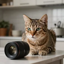 Cat looking extremely disappointed, on kitchen table, 40nm lens, shallow depth of field, split lighting, 4k,