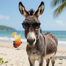 a donkey with a human body is wearing cool sunglasses and holding a coctail at the beach, 8k, hyper-detailed, photorealistic