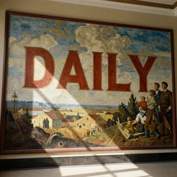 the word!!!!!!!!!!!!!! daily!!!!!!!!!!!!!!!!!!!!!!!! depicted in a ( ( socialist realist mural ) )