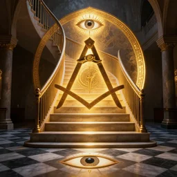 masonic symbology, stair, checkered floor, eye, iluminated